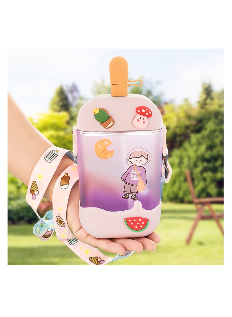 Ice Cream Popsicle Cups, Juice Drinking Cups Lovely 3D Sticker Ice Cream Bar Water Bottles with BPA-Free Straws Adjustable Shoulder Strap for Boys Girls Adult Sports Bottles - Image 1